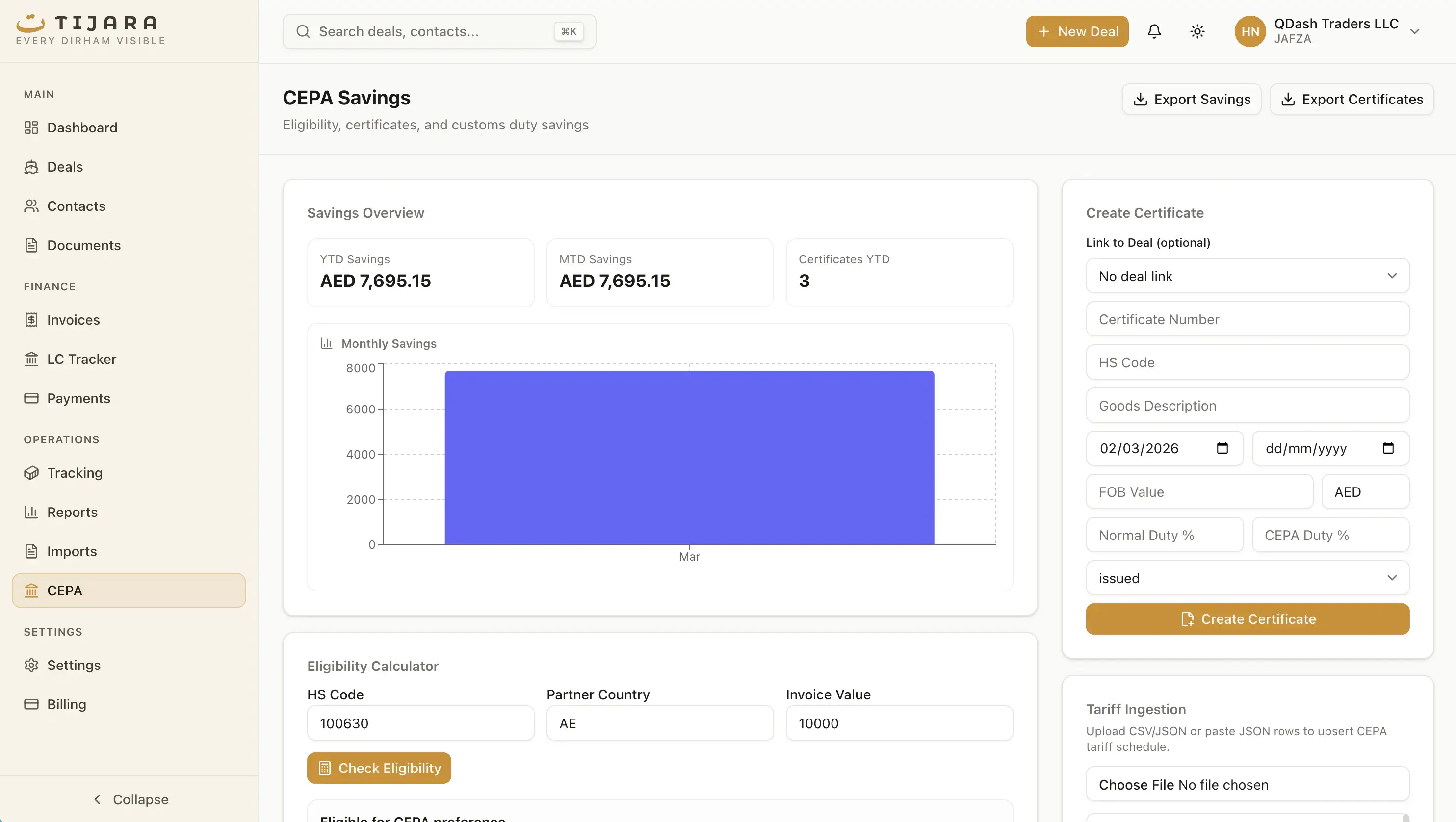 Tijara trade agreements and CEPA toolkit showing HS code eligibility lookup, duty savings calculation, and certificate lifecycle management for UAE buyers