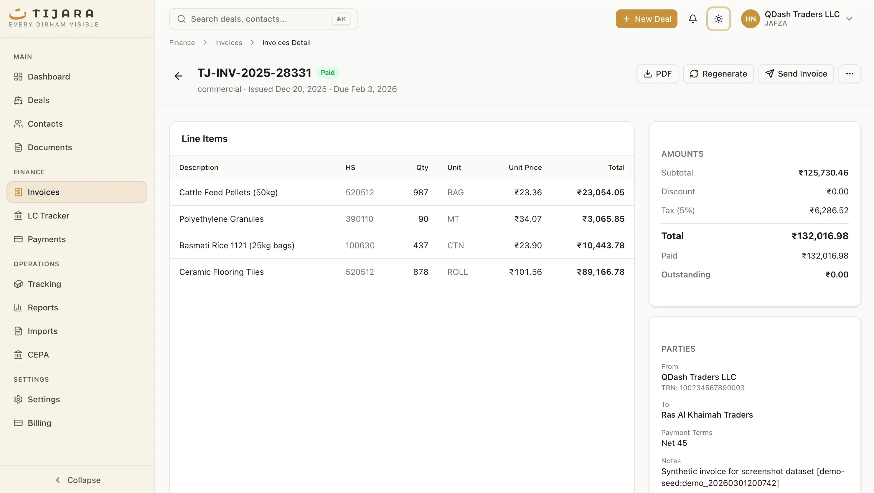 Tijara invoice builder with automatic PDF generation, line items, UAE VAT-ready calculation, and one-click WhatsApp sharing