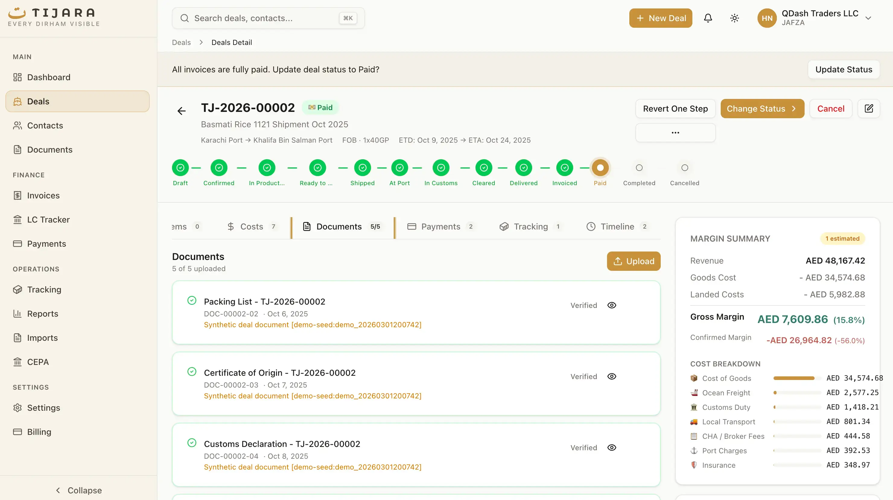 Tijara landed cost engine with FX-normalized cost allocation, estimated vs actual cost tracking, and real-time margin updates