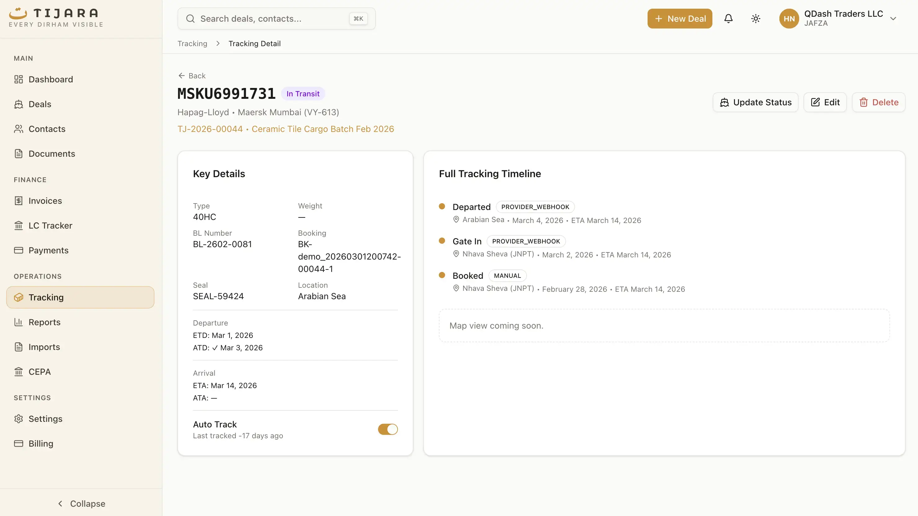 Tijara container tracking timeline showing shipment status updates, ETA alerts, and deal milestone synchronization