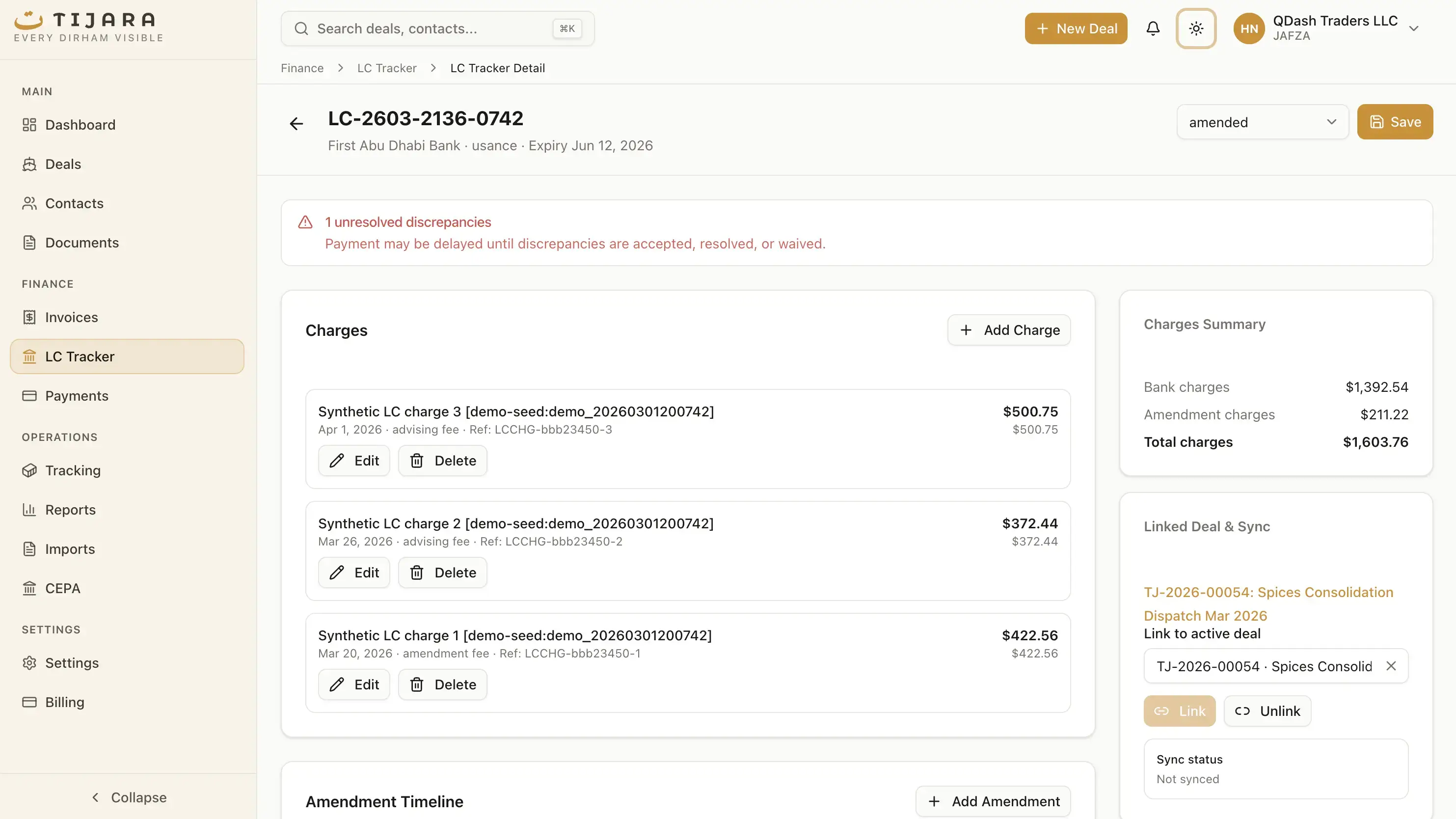 Tijara letter of credit tracker showing LC lifecycle with amendments, discrepancy logs, charges, and expiry alerts